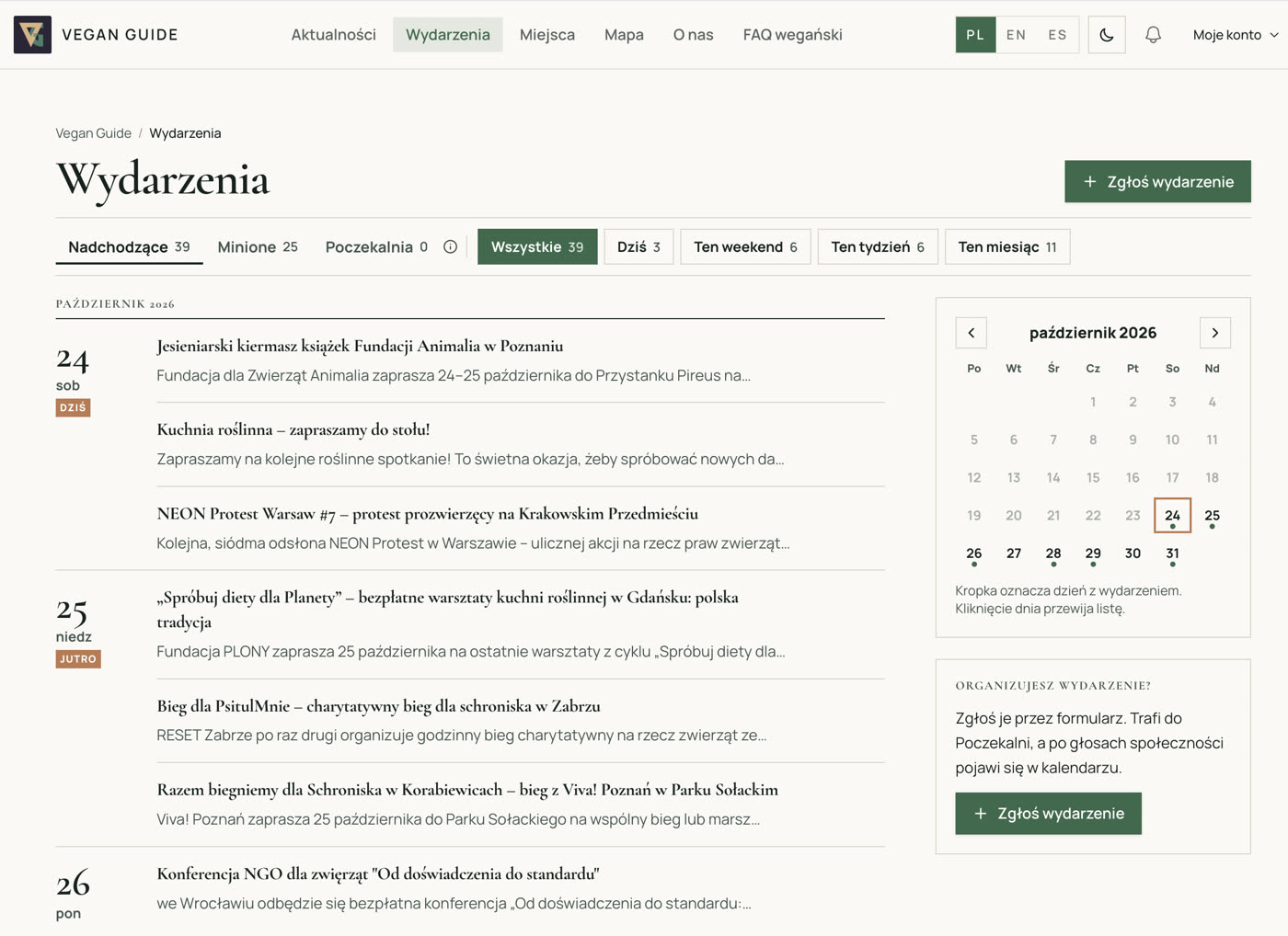 Zrzut ekranu Vegan Guide — strona Wydarzenia